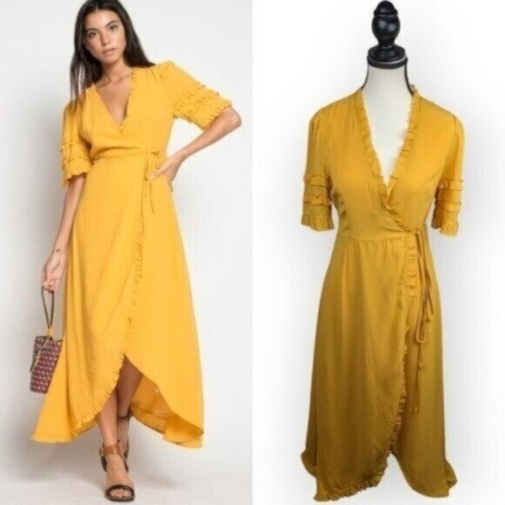 Yellow Short Sleeve Wrap Midi Dress Size Medium